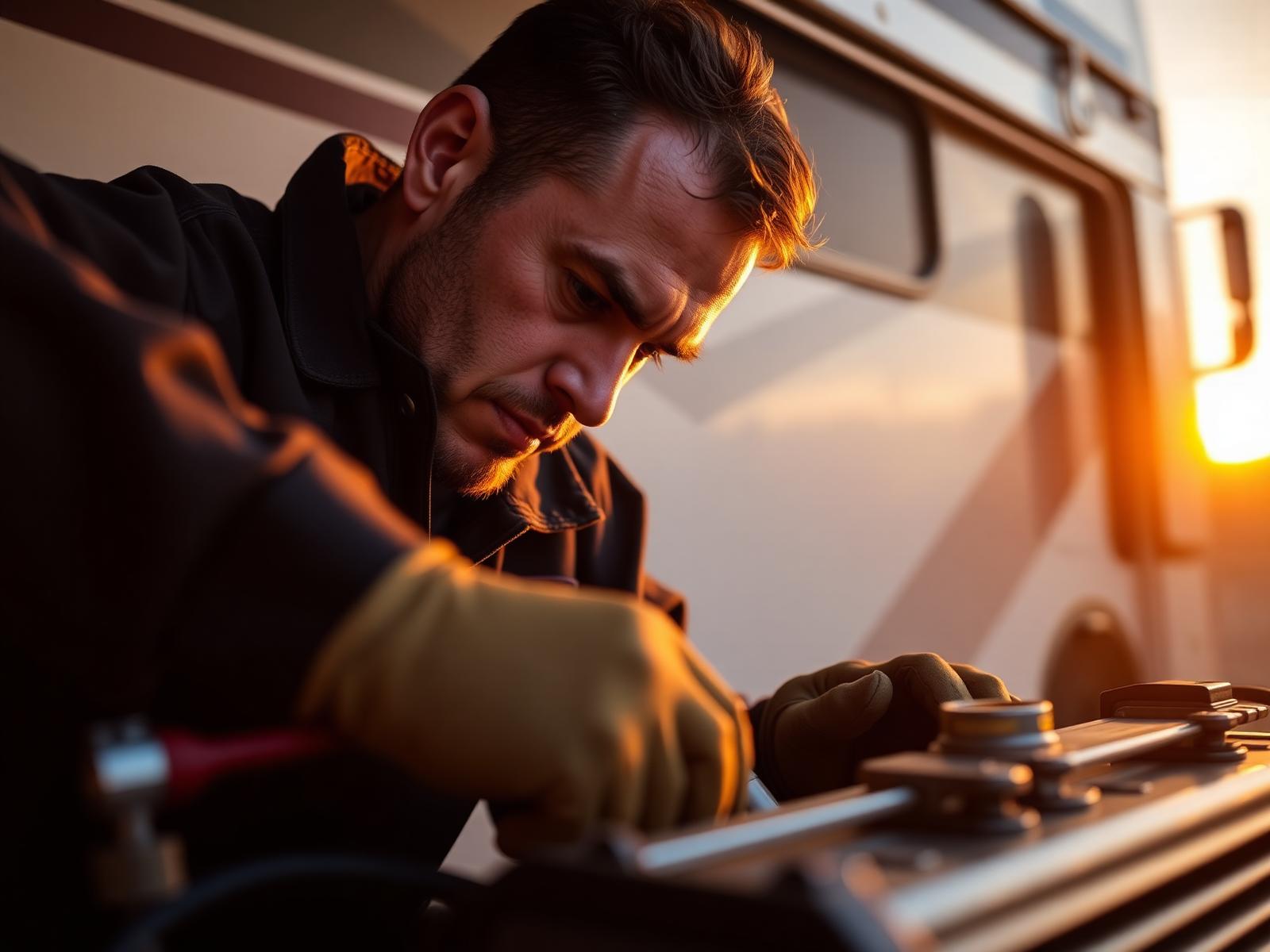 Benchmark RV technician working on a motorhome generator